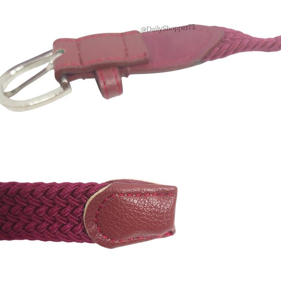 Women's Burgundy Braided Elastic Belt with Vegan Leather Details - Picture 8 of 9